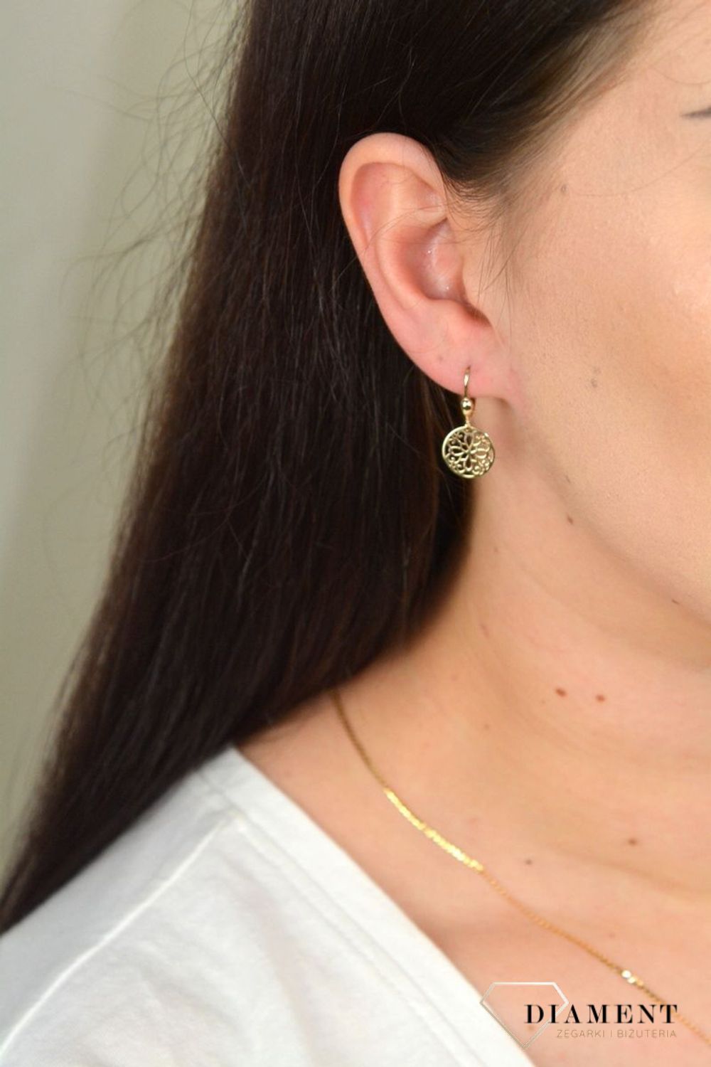 Złote kolczyki wiszące koła z ażurową zawieszką KL 4390.jpg